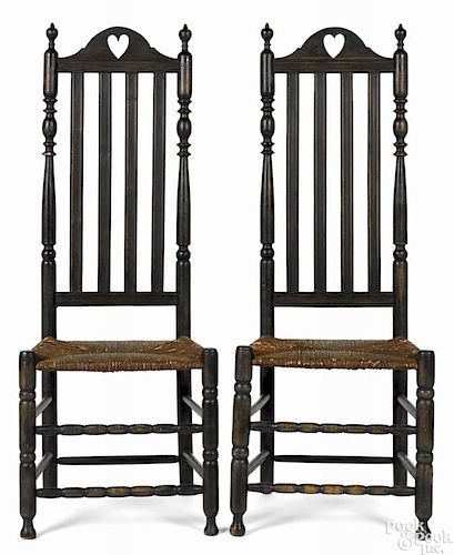 Pair of New Jersey or New York William & Mary banisterback chairs, mid 18th c., with heart cutout