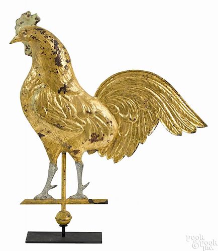 Swell-bodied copper rooster weathervane, 19th c., retaining an old gilt surface, 26 1/2'' h.