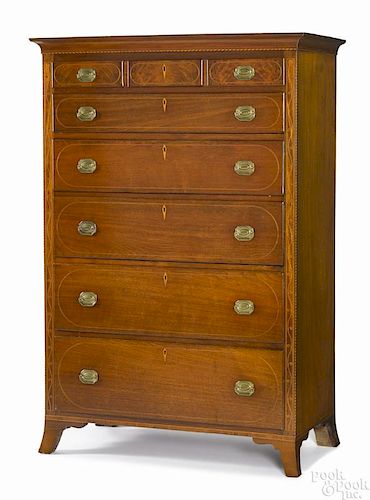 Pennsylvania Federal walnut tall chest, ca. 1800, with three over five drawers