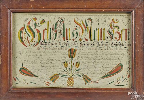Southeastern Pennsylvania ink and watercolor fraktur vorschrift, ca. 1800, 8 1/4'' x 13''.