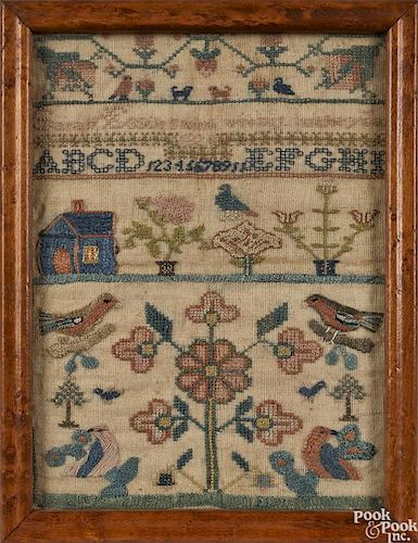 Pair of silk on linen samplers, dated 1824, wrought by Sarah Esstle, 10 1/2'' x 7 3/4''.