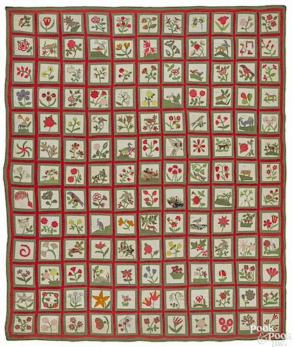 Important New York pieced and appliqué album quilt, ca. 1850, featuring 143 squares