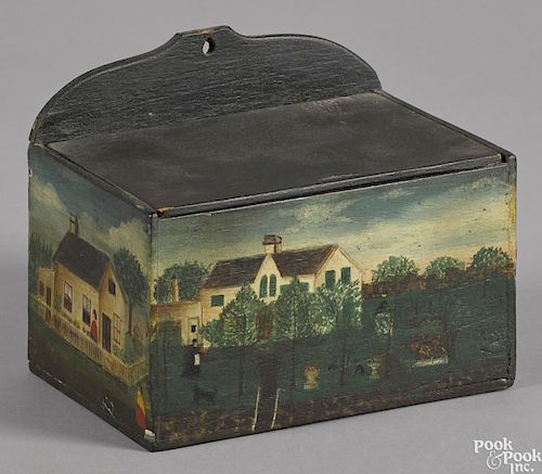 Painted walnut hanging box, early 20th c., the front decorated with a landscape and country home