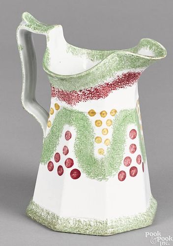 Red and green spatterware pitcher, 19th c., in the Christmas ball pattern, 8 1/4'' h.