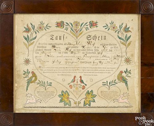 Ephrata, Pennsylvania Baumann-Ruth printed and watercolor fraktur birth certificate, dated 1808