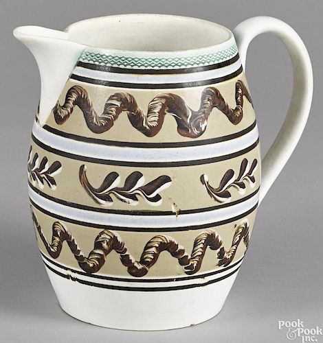 Large Mocha earthworm and seaweed pitcher, 19th c., 9 1/4'' h.