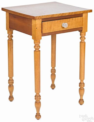 Pennsylvania Sheraton curly maple one-drawer stand, ca. 1830, 29'' h., 19 3/4'' w.