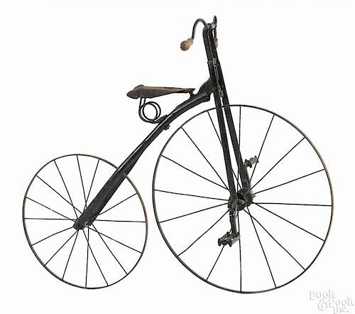 Child's steel high wheel bicycle, late 19th c., 25'' front wheel, 18'' rear wheel.