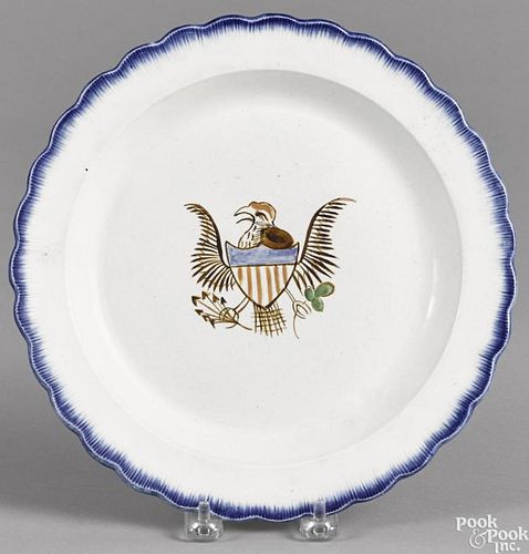 Pearlware blue feather edge plate, 19th c., with an American eagle, 9 7/8'' dia.