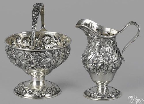 S. Kirk & Sons sterling silver creamer and sugar basket with chased foliate decoration