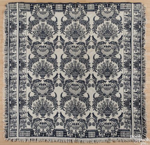 Blue and white jacquard coverlet, ca. 1840, probably Ohio, with a building and a pagoda border