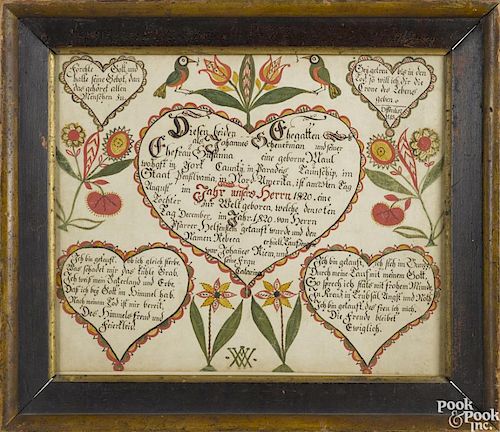 Adam Wertz (Southeastern Pennsylvania, early/mid 19th c.), York County ink and watercolor fraktur
