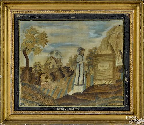 American silk, chenille, and paint on silk memorial needlework, early 19th c., signed Lydia Caulk