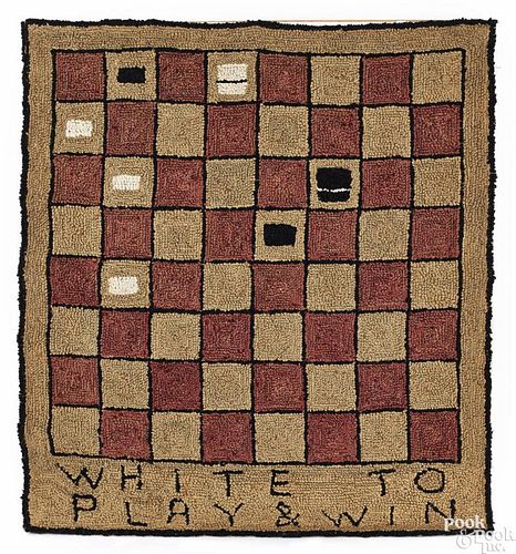 Hooked rug of a checkerboard, 20th c., inscribed White to Play & Win, 36 1/2'' x 40''.
