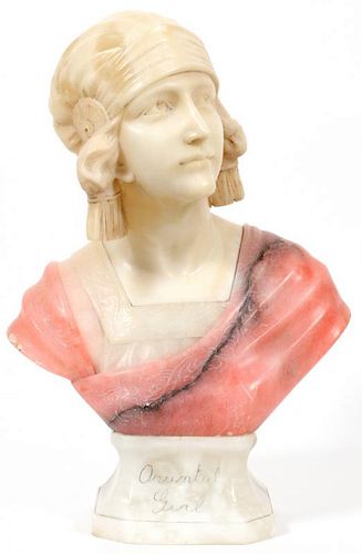 G. PINESCHI (ITALIAN) CARVED MARBLE & ALABASTER BUST OF LADY C. 1925