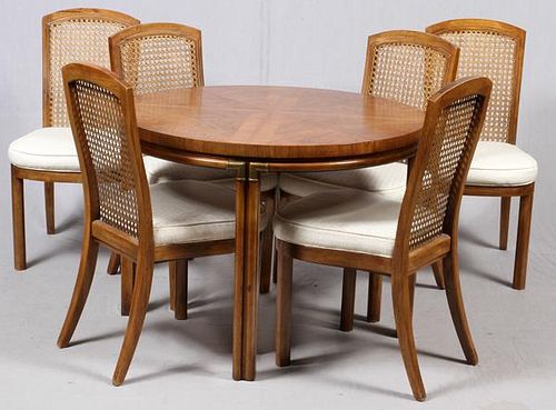 OAK CHINESE INFLUENCE DINING TABLE AND CHAIRS, 8