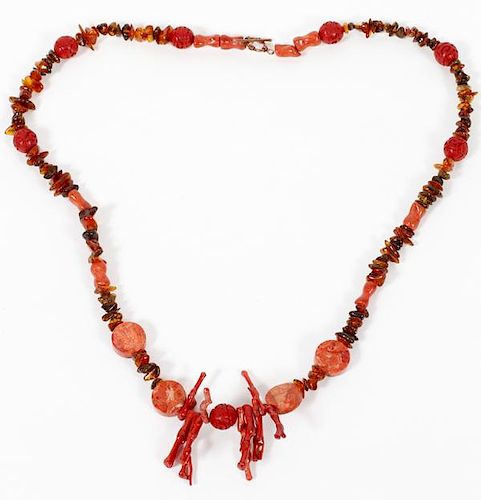 RED CINNABAR, RED CORAL AND FAUX AMBER NECKLACE