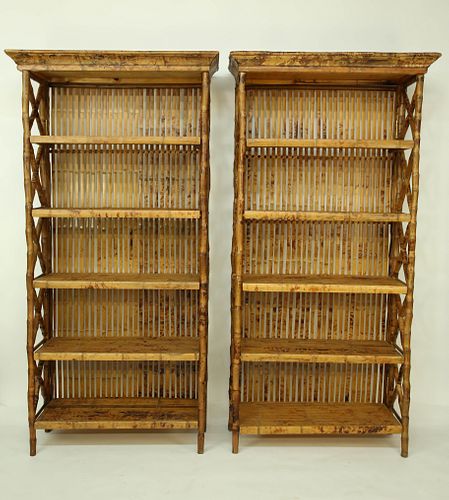 Pair of Contemporary "Tortoiseshell" Bamboo Bookcases