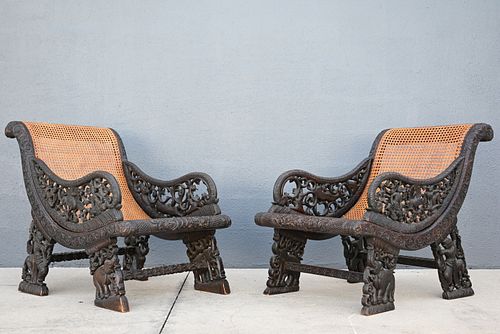 Pair of Antique Anglo-Indian Carved Chairs