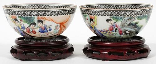 CHINESE HAND PAINTED PORCELAIN BOWLS, PAIR