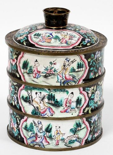 CHINESE HAND PAINTED ENAMEL STACKABLE ROUND BOXES