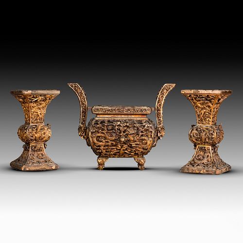 GOLD LAQUER ARCHAIC CENSER AND VASES, KANGXI PERIOD