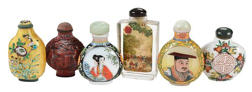 Six Chinese Porcelain, Copper, and Glass Snuff Bottles