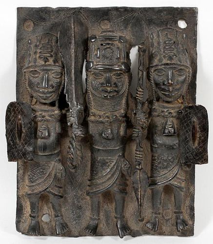 AFRICAN BENIN STYLE BRONZE FIGURAL GROUP