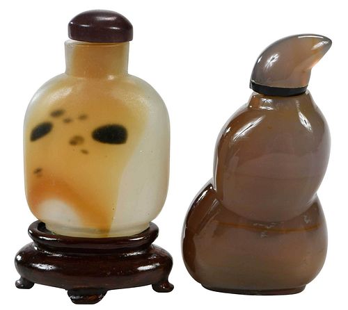 Two Chinese Snuff Bottles; Agate and Glass