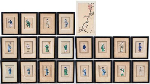 20 Framed Chinese Pith Paintings with a Japanese Print