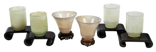 Six Chinese Miniature Jade or Hardstone Wine Cups