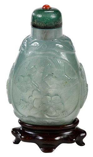 Chinese Finely Carved Green Jade Snuff Bottle