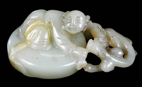 Chinese Carved Jade or Hardstone Boy with Chilong