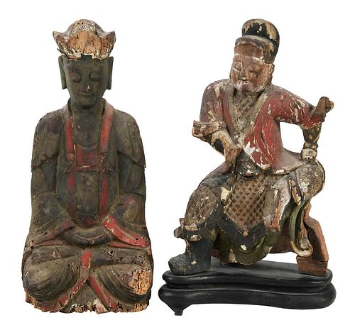 Chinese Carved and Painted Wood Bodhisattva and Warrior