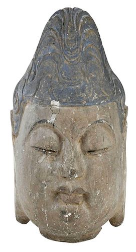 Early Chinese Painted and Carved Wood Buddha Head