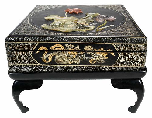 Chinese Painted Wood Box with Jade and Hardstone