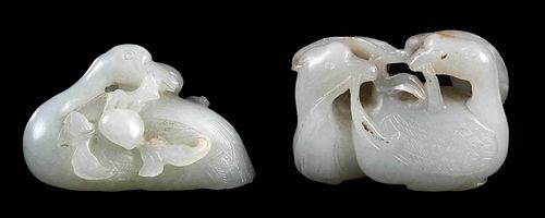 Two Chinese Carved White Jade Swans