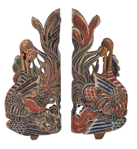 Two Chinese Carved and Polychromed Phoenix Corbels