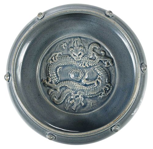 Chinese Blue Gray Glazed Dragon Low Bowl