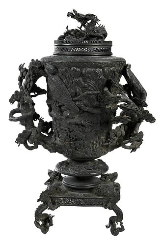 Japanese Eagle and Dragon Bronze Urn