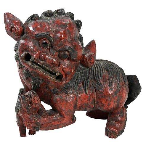 Chinese Wood Red Painted Foo Dog
