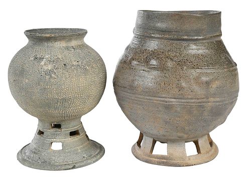 Two Korean Ceramic Pottery Stem Bowls