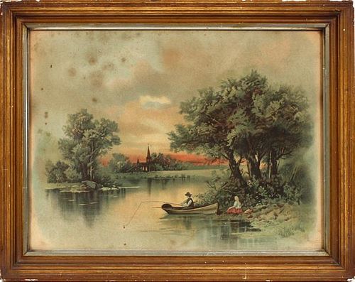 COLORED PRINT MAN FISHING FROM BOAT