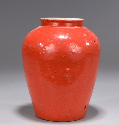 Antique Chinese Stoneware Orange Glazed Jar