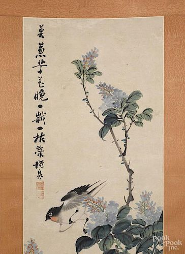 Chinese watercolor scroll of a bird perched on