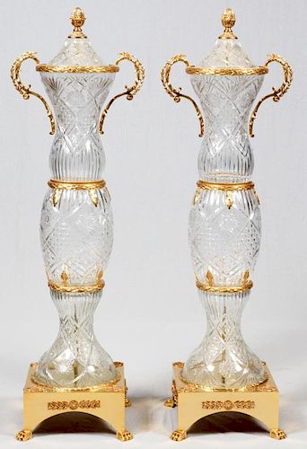 D'ORE BRONZE AND CUT CRYSTAL STANDING PALACE URNS