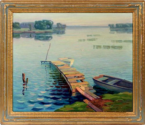 A. JONKER OIL ON CANVAS BOATS AT DOCK ON LAKE 1945