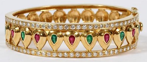 GOLD, RUBY EMERALD & DIAMOND HINGED BANGLE BRACELET
