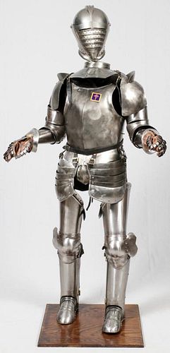MACKENZIE-SMITH, SHEET METAL & FABRIC REPRODUCTION LIFE SIZE SUIT OF ARMOR, H 74"