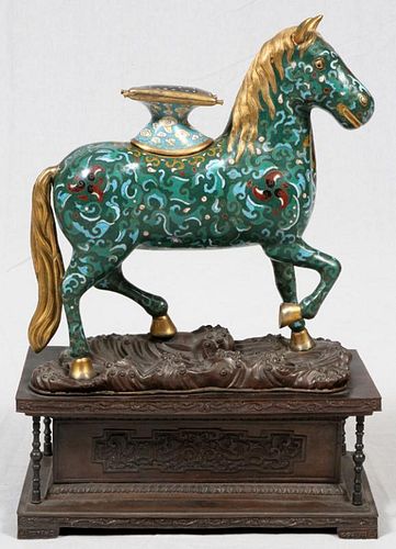 CHINESE CLOISONNE HORSE ON A CABINET STYLE BASE